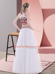 Flirting White Lace Up High-neck Embroidery Prom Dress Tulle Sleeveless