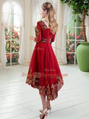 Scoop Long Sleeves Prom Party Dress High Low Embroidery Purple Satin