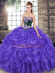 Deluxe Purple Sleeveless Organza Sweep Train Lace Up Vestidos de Quinceanera for Military Ball and Sweet 16 and Quinceanera