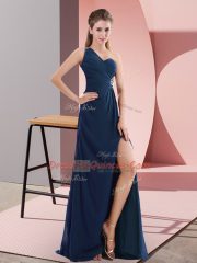 Classical Beading and Ruching Custom Made Navy Blue Backless Sleeveless Sweep Train