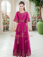 Nice A-line Fuchsia Scoop Tulle Half Sleeves Floor Length Lace Up