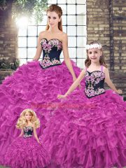 High Quality Fuchsia Sweetheart Lace Up Embroidery and Ruffles Sweet 16 Quinceanera Dress Sleeveless