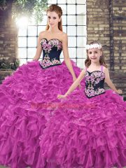 High Quality Fuchsia Sweetheart Lace Up Embroidery and Ruffles Sweet 16 Quinceanera Dress Sleeveless
