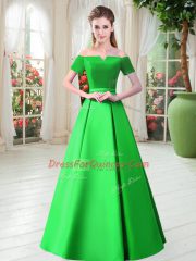 Low Price Green Off The Shoulder Neckline Belt Prom Dresses Short Sleeves Lace Up