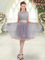 Pretty Grey Sleeveless Knee Length Beading and Lace Zipper Homecoming Dress
