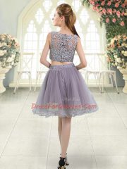 Pretty Grey Sleeveless Knee Length Beading and Lace Zipper Homecoming Dress