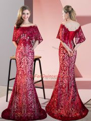 Low Price Off The Shoulder Half Sleeves Sequined Lace Sweep Train Lace Up