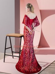 Low Price Off The Shoulder Half Sleeves Sequined Lace Sweep Train Lace Up