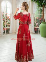 Suitable Red Tulle Lace Up Scoop Half Sleeves Floor Length Dress for Prom Lace