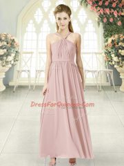 Amazing Pink Empire Chiffon Halter Top Sleeveless Ruching Ankle Length Zipper Prom Party Dress
