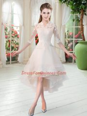 Sophisticated White A-line High-neck Half Sleeves Tulle High Low Zipper Appliques Prom Dresses
