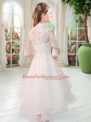 Sophisticated White A-line High-neck Half Sleeves Tulle High Low Zipper Appliques Prom Dresses