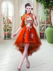 Orange Red Half Sleeves Appliques High Low