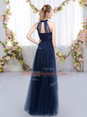 Adorable Navy Blue Lace Up High-neck Appliques Quinceanera Court Dresses Tulle Sleeveless