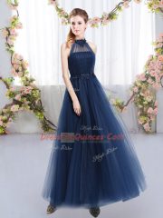 Adorable Navy Blue Lace Up High-neck Appliques Quinceanera Court Dresses Tulle Sleeveless