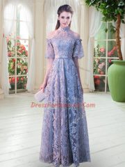 Floor Length Empire Half Sleeves Grey Prom Evening Gown Zipper