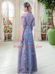 Floor Length Empire Half Sleeves Grey Prom Evening Gown Zipper