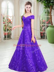 Lovely Sleeveless Floor Length Beading Lace Up Homecoming Dress with Purple