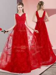Red Lace Lace Up V-neck Sleeveless Dress for Prom Sweep Train Beading