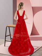Red Lace Lace Up V-neck Sleeveless Dress for Prom Sweep Train Beading