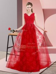 Red Lace Lace Up V-neck Sleeveless Dress for Prom Sweep Train Beading