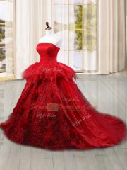Fancy Wine Red Quinceanera Gown Tulle Brush Train Sleeveless Lace and Ruffles