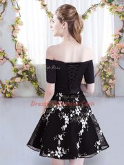 Black Quinceanera Court of Honor Dress Prom and Party and Wedding Party with Appliques Off The Shoulder Short Sleeves Lace Up