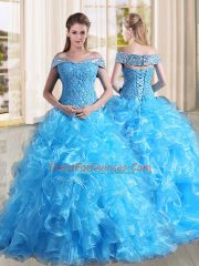 Free and Easy Baby Blue Organza Lace Up Off The Shoulder Sleeveless Sweet 16 Dress Sweep Train Beading and Lace and Ruffles