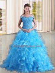 Free and Easy Baby Blue Organza Lace Up Off The Shoulder Sleeveless Sweet 16 Dress Sweep Train Beading and Lace and Ruffles