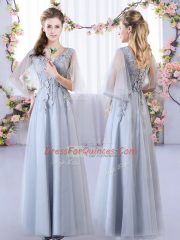 Grey Empire Appliques Vestidos de Damas Lace Up Tulle Sleeveless Floor Length