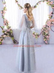 Grey Empire Appliques Vestidos de Damas Lace Up Tulle Sleeveless Floor Length