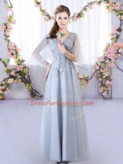 Grey Empire Appliques Vestidos de Damas Lace Up Tulle Sleeveless Floor Length
