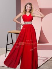 Suitable Red Prom Gown Prom and Party and Military Ball with Beading V-neck Sleeveless Lace Up