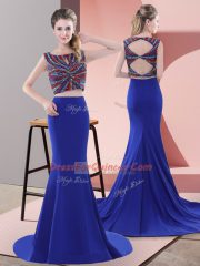 Satin Scoop Sleeveless Sweep Train Lace Up Beading Prom Dress in Royal Blue