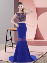 Satin Scoop Sleeveless Sweep Train Lace Up Beading Prom Dress in Royal Blue
