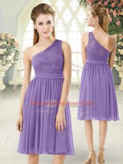 Artistic Lavender Chiffon Side Zipper One Shoulder Sleeveless Knee Length Evening Dress Lace
