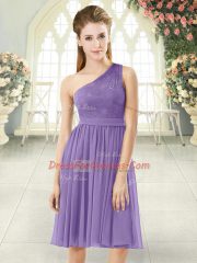 Artistic Lavender Chiffon Side Zipper One Shoulder Sleeveless Knee Length Evening Dress Lace