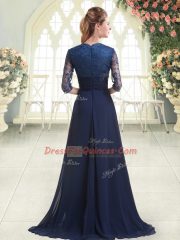 Dazzling Zipper Prom Party Dress Blue for Prom and Party with Pick Ups Sweep Train