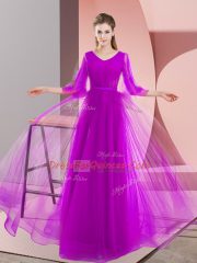 Purple A-line Tulle V-neck Long Sleeves Beading Floor Length Lace Up Prom Dresses