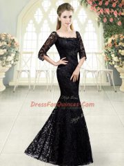 Fashion Black Sweetheart Neckline Beading and Lace Prom Dress Half Sleeves Lace Up