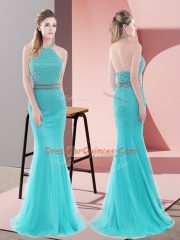 Flare Halter Top Sleeveless Prom Evening Gown Sweep Train Beading Aqua Blue Tulle