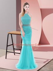 Flare Halter Top Sleeveless Prom Evening Gown Sweep Train Beading Aqua Blue Tulle