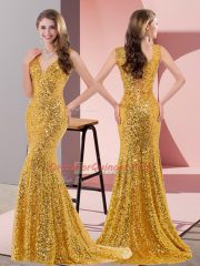 Classical Gold Sequined Lace Up Prom Party Dress Sleeveless Sweep Train Beading