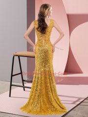 Classical Gold Sequined Lace Up Prom Party Dress Sleeveless Sweep Train Beading