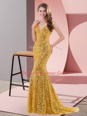 Classical Gold Sequined Lace Up Prom Party Dress Sleeveless Sweep Train Beading