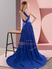 Vintage Royal Blue Column/Sheath Beading and Ruching Dress for Prom Backless Chiffon Sleeveless