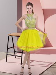 Luxurious Yellow Prom Evening Gown Prom and Party with Beading Halter Top Sleeveless Backless