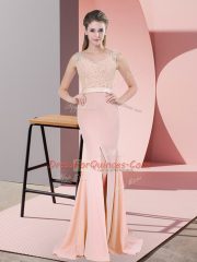 Dazzling Sleeveless Beading and Lace Zipper Party Dresses with Peach Sweep Train