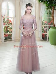 New Arrival Pink Empire Scoop Half Sleeves Tulle Floor Length Lace Up Lace Prom Dresses