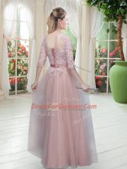 New Arrival Pink Empire Scoop Half Sleeves Tulle Floor Length Lace Up Lace Prom Dresses